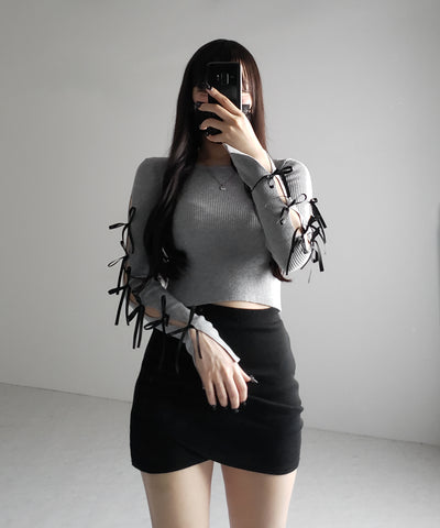【 ２color 】カットアウトリボンショートリブニット ／ cut out ribbon short rib knit