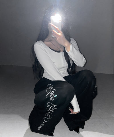 ヘンリーネックロゴプレートレースリブトップス ／　henley neck logo plate lace ribbed tops