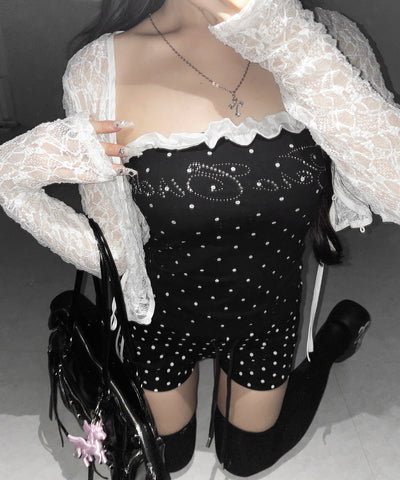 ラインストーンドットフリルベアトップス ／ Rhinestone dot frill bare tops