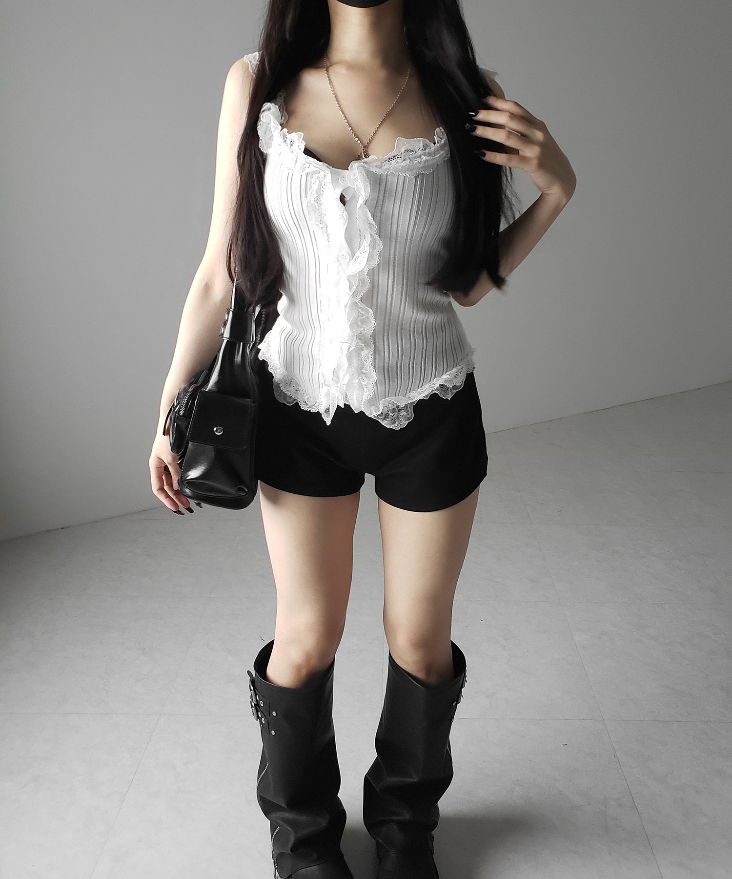 【 ２color 】レースフリルドッキングリブニットキャミタンク ／ lace frill docking lib knit cami tank