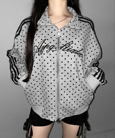 レタリングロゴ刺繍ドットラインオーバースウェットブルゾン ／ lettering logo embroidery dot line over sweat blouson