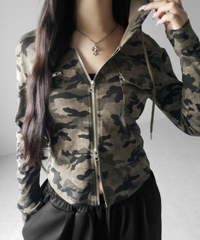 ヴィンテージカモフラダブルジップカットパーカー ／ vintage camouflage double zip cut hoodie