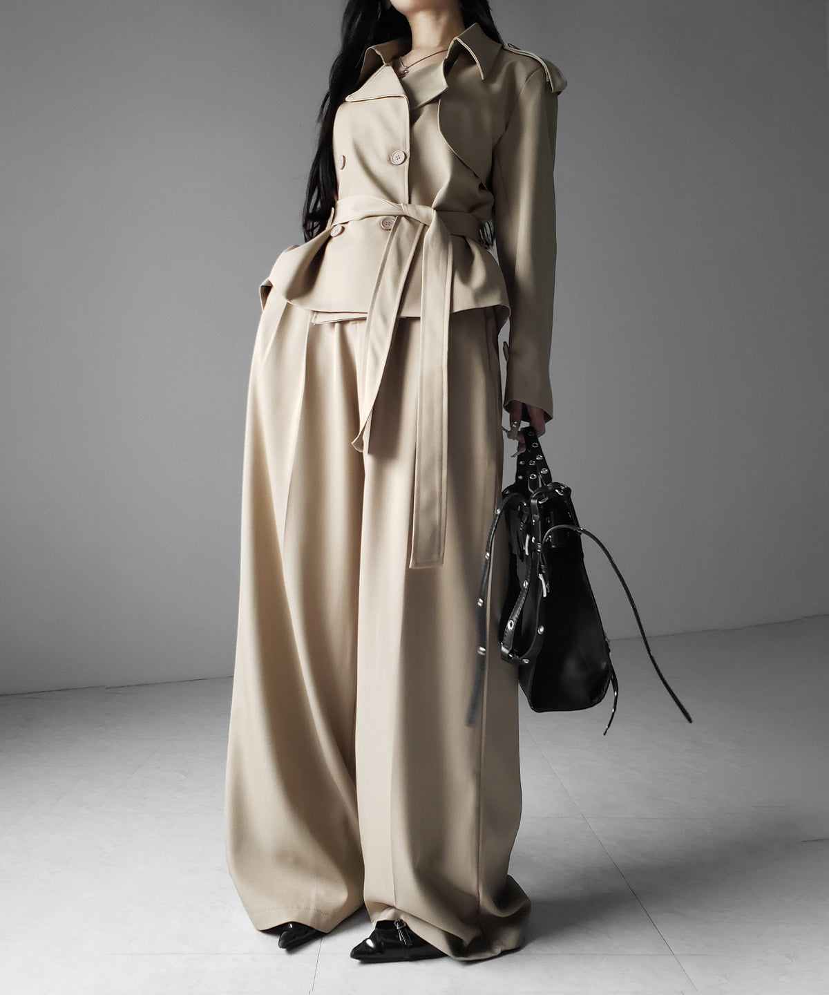 【 上下セットアップ 】ウエストマークショートトレンチコート ＋ タックワイドスラックスパンツ SETUP ／ Waist-mark short trench coat + tuck wide slacks pants
