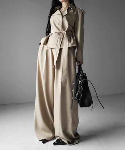 【 上下セットアップ 】ウエストマークショートトレンチコート ＋ タックワイドスラックスパンツ SETUP ／ Waist-mark short trench coat + tuck wide slacks pants