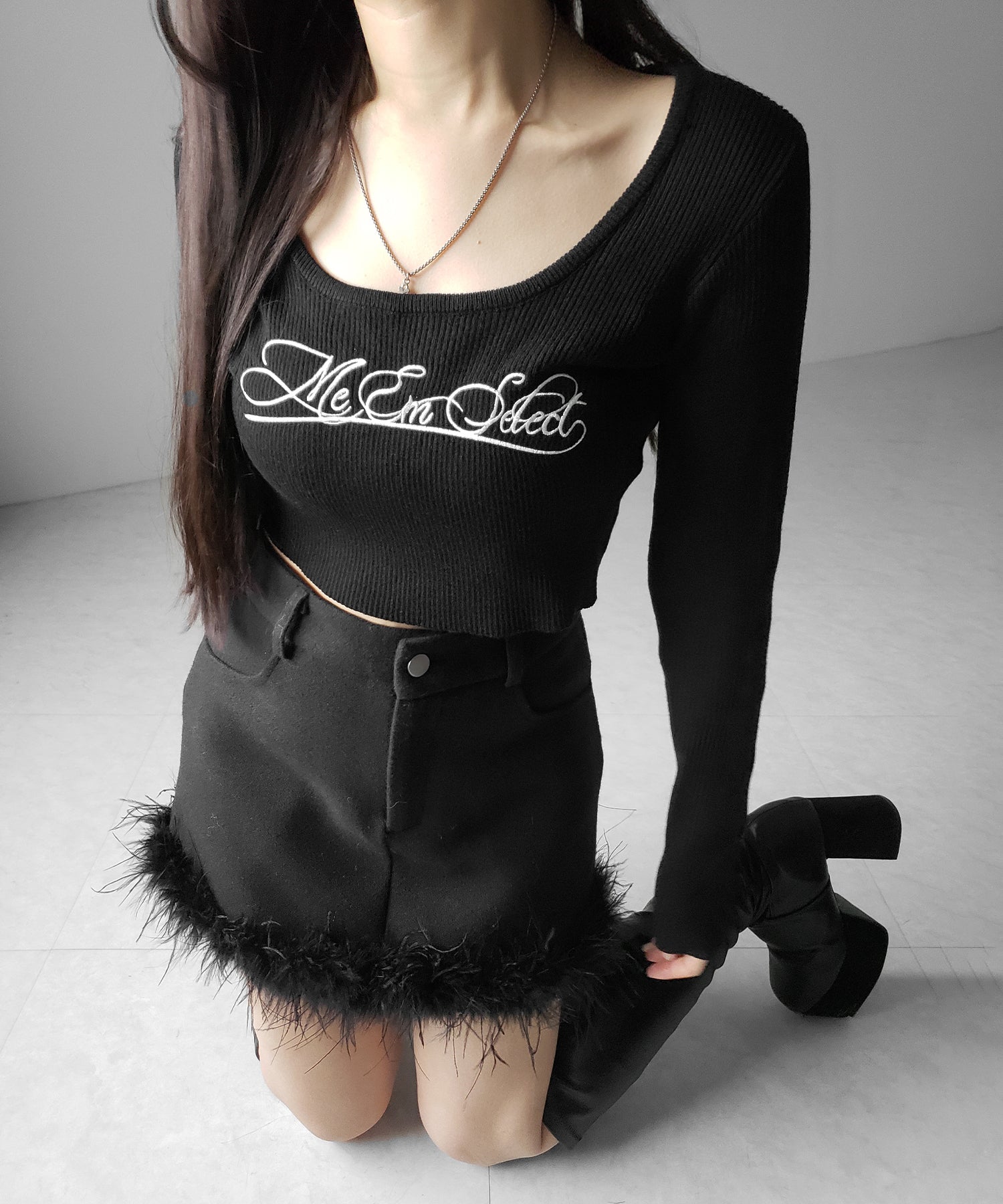 【 インナーパンツ裏地付 】ファードッキングウールライクレディミニスカート ／ fur docking woollike lady mini skirt
