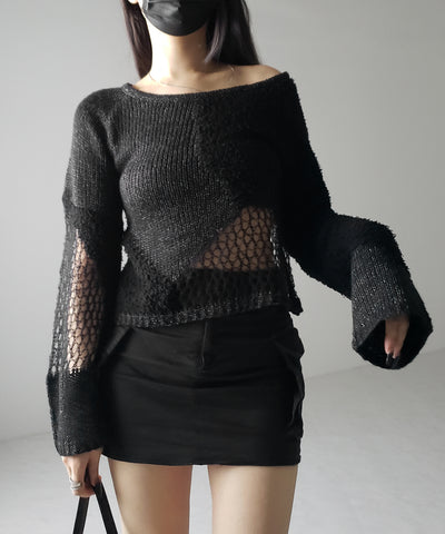 【 ２color 】異素材ドッキングスカシアミニットトップス ／ mixed material docking openwork knit tops