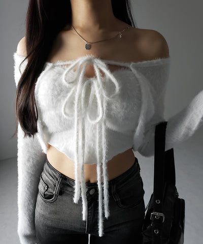 【 ２点セット 】シャギーリボンベアトップス ＆ ショートシャギーカーディガン SET ／ Shaggy ribbon bare tops & short shaggy cardigan
