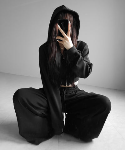 【 セットアップ 】ダブルジップショートパーカー ＋ タックワイドスウェットパンツ SET ／ double zip short hoodie + tuck wide sweat pants SET