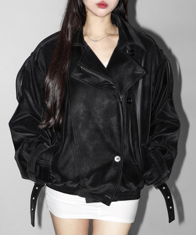 ヴィンテージフェイクレザーベルテッドジップアップオーバーブルゾン ／ Vintage fake leather belted zipup over blouson
