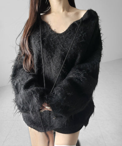 ストラップリボンオフショルオーバーシャギーニット ／ strap ribbon off shoulder over shaggy knit