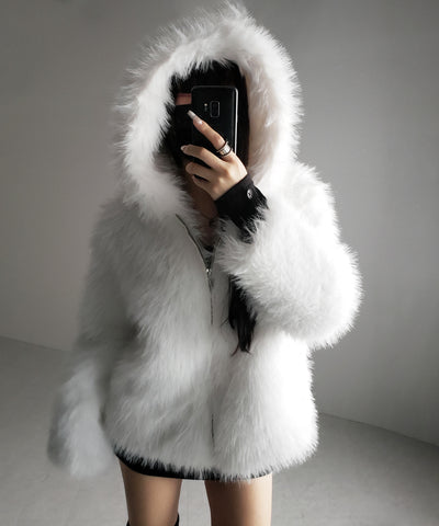 フェイクファーフーディミドルコート ／ fake fur hoodie middle coat