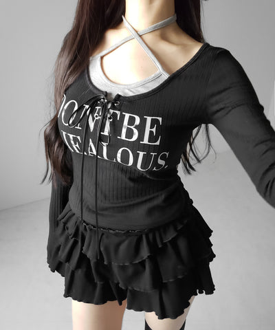 【 クロスネックにできる２WAY 】レースアップフェイクレイヤードロゴカットソートップス ／ laceup fake layered logo cutsew tops