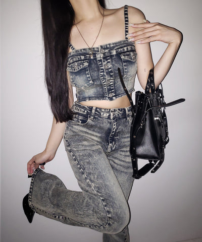 【 セットアップ 】ヴィンテージライクデニムビスチェ ＋ ストレッチフレアデニム SET ／ 【 SET UP 】 vintage like denim bustier + stretch flare denim
