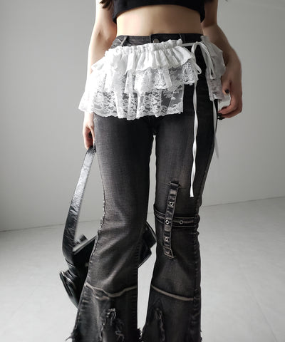 【 ２color 】ストラップリボンレースフリルミニ巻きスカート ／ strap ribbon lace frill mini wrap skirt