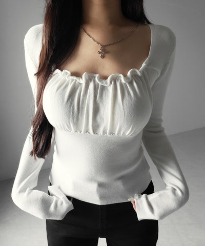 フリルギャザースクエアネック長袖ニットトップス ／ frill gather square neck longsleeve knit tops