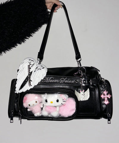 クリアポケット付きレタリング刺繍ショルダーバッグ ／ clear pocket lettering embroidery shoulder bag