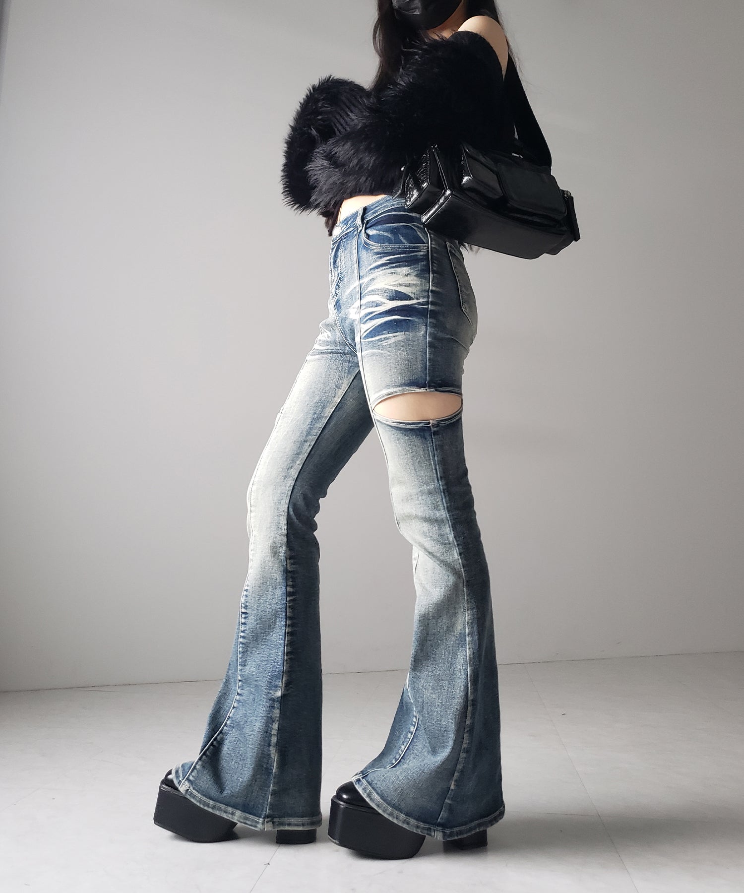【 ２color ／ ３size 】カットアウトヴィンテージストレッチフレアデニム ／ cutout vintage stretch flare denim