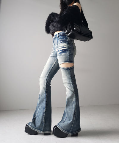 【 ２color ／ ３size 】カットアウトヴィンテージストレッチフレアデニム ／ cutout vintage stretch flare denim