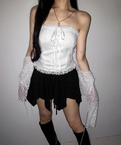 フロントリボンレースフリルコルセットベアトップ ／ front ribbon lace frill corset bare top
