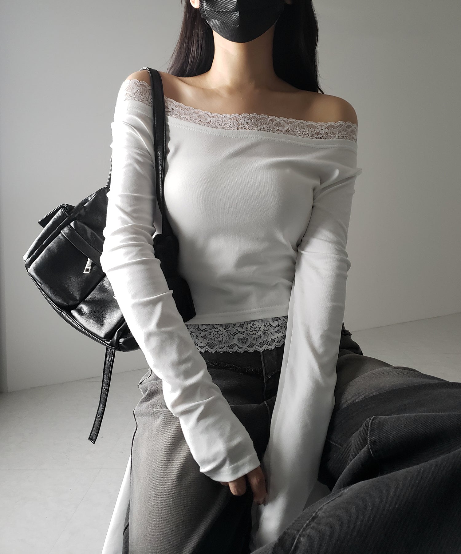 2color 】レース切替オフショルダートップス ／ lace off shoulder tops