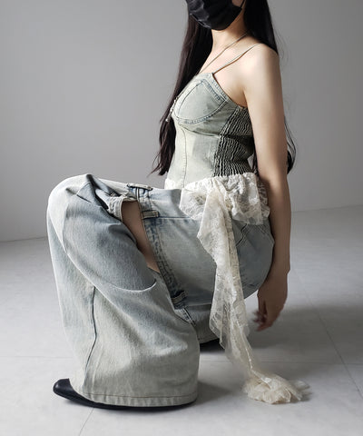 【 ２color 】ヴィンテージライクレースフリルデニムビスチェ ／ vintage like lace frill denim bustier