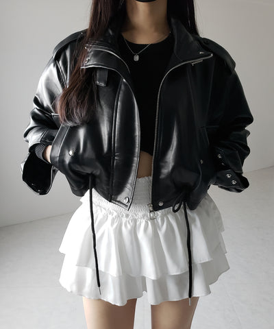 【 ２WAY 】スタンドカラーベルテッドフェイクレザーショートブルゾン ／ stand collar belted fake leather short blouson
