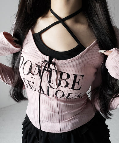 【 クロスネックにできる２WAY 】レースアップフェイクレイヤードロゴカットソートップス ／ laceup fake layered logo cutsew tops