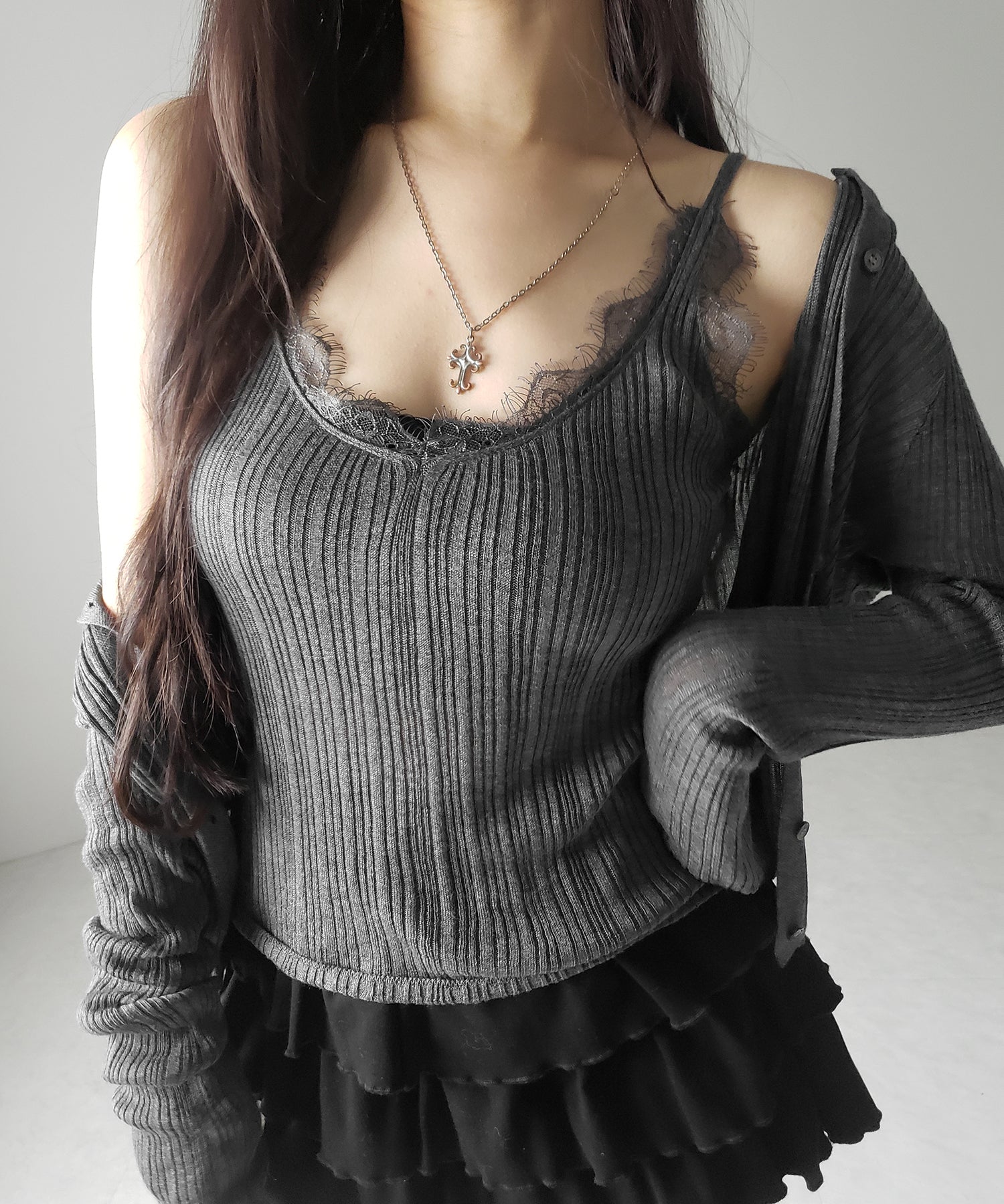 【 ２点セット 】レースニットキャミソール ＋ シアーニットカーディガン SET ／ lace knit camisole + sheer knit cardigan SET