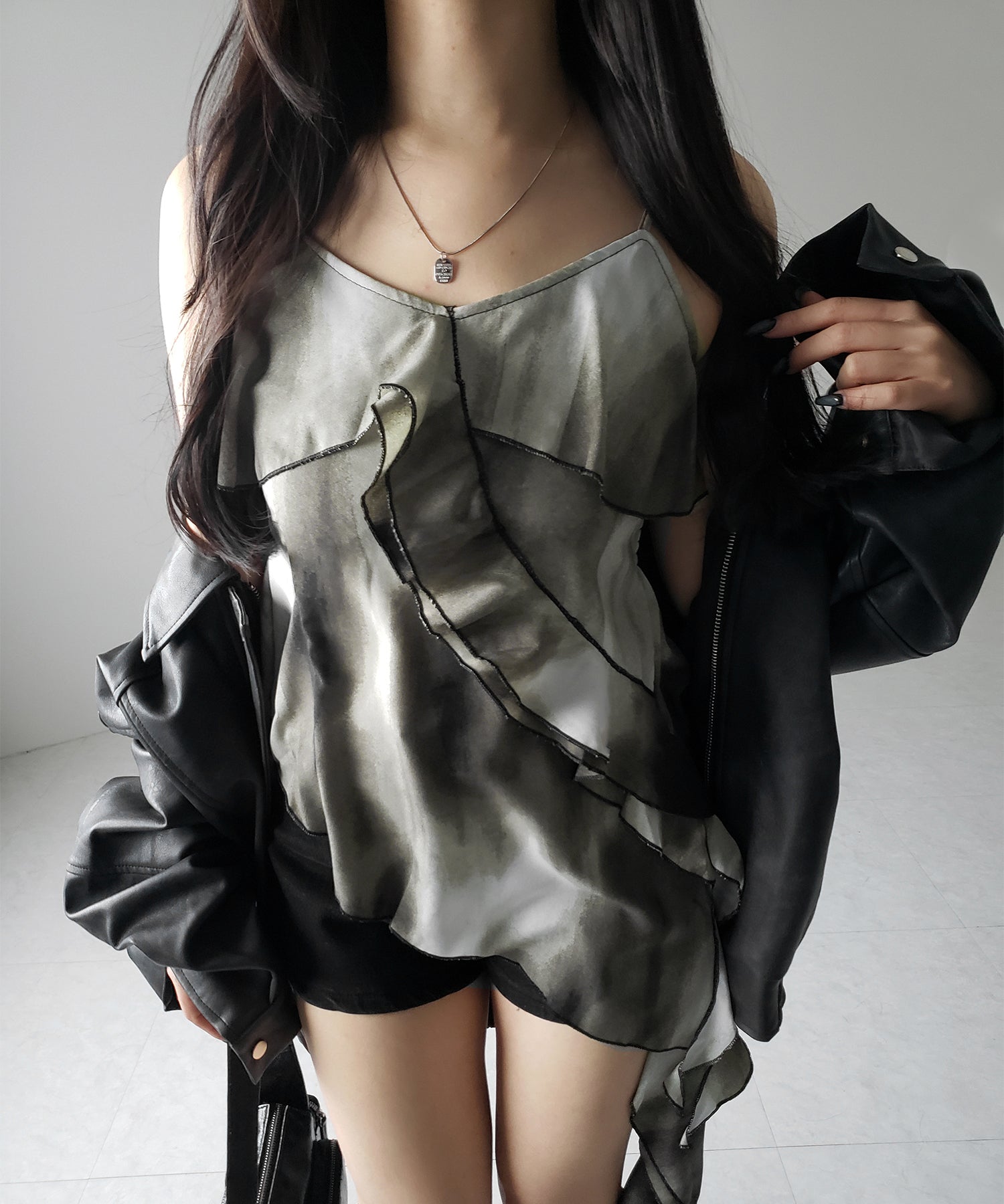 タイダイサテンアシンメトリーフリルキャミソールビスチェ ／ tiedye satin asymmetry frill camisole bustier