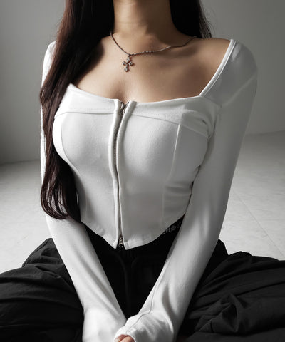 【 ２color 】ダブルジップコルセットスクエアネックロンＴ ／ double zip corset square neck longsleeve T-Shirt
