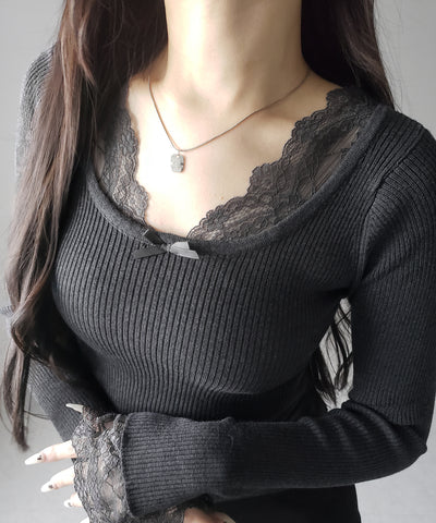 フロントリボンレース切替リブニットトップス ／ front ribbon lace switching ribbed knit tops