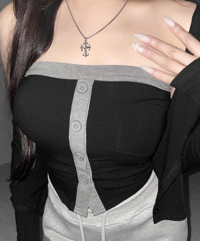 【 ２点セット 】バイカラーボタンベアトップス＆ショートカーディガン SET ／ bicolor button bare top & short cardigan SET
