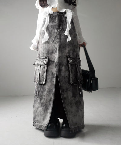 【 ３SIZE 】クラッシュブリーチセンタースリットカーゴデニムスカート ／ crash bleach center slit cargo denim skirt