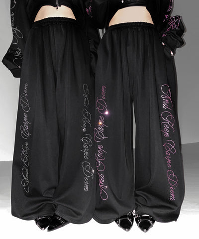 【 セットアップ可能 】ラインストーンロゴワイドスウェットパンツ ／ Rhine stone logo wide sweatpants