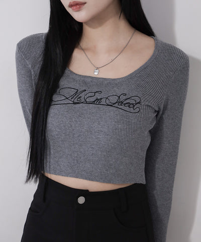 レタリングロゴ刺繍スクエアネックショートリブニットトップス ／ lettering logo embroidery square neck short rib knit tops