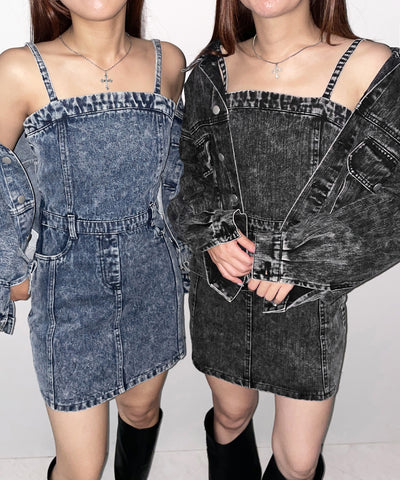 【 セットアップ着用可能 】ヴィンテージケミカルブリーチストラップデニムキャミワンピース ／ vintage chemical bleach strap denim cami onepiece