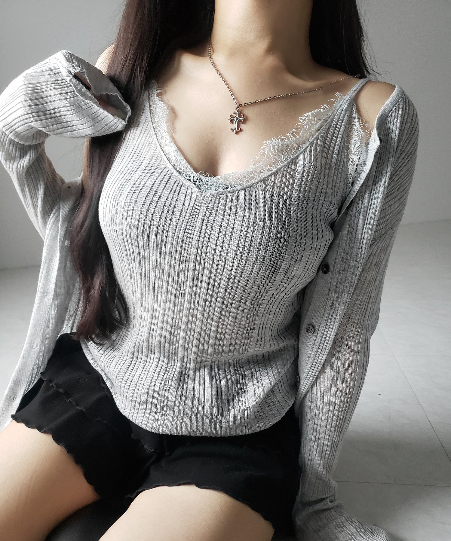 【 ２点セット 】レースニットキャミソール ＋ シアーニットカーディガン SET ／ lace knit camisole + sheer knit cardigan SET