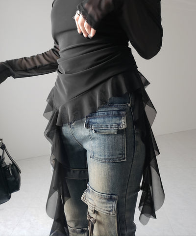 【 ２color 】アシンメトリーフリルオフショルシアートップス ／ asymmetrical frill off-shoulder sheer tops