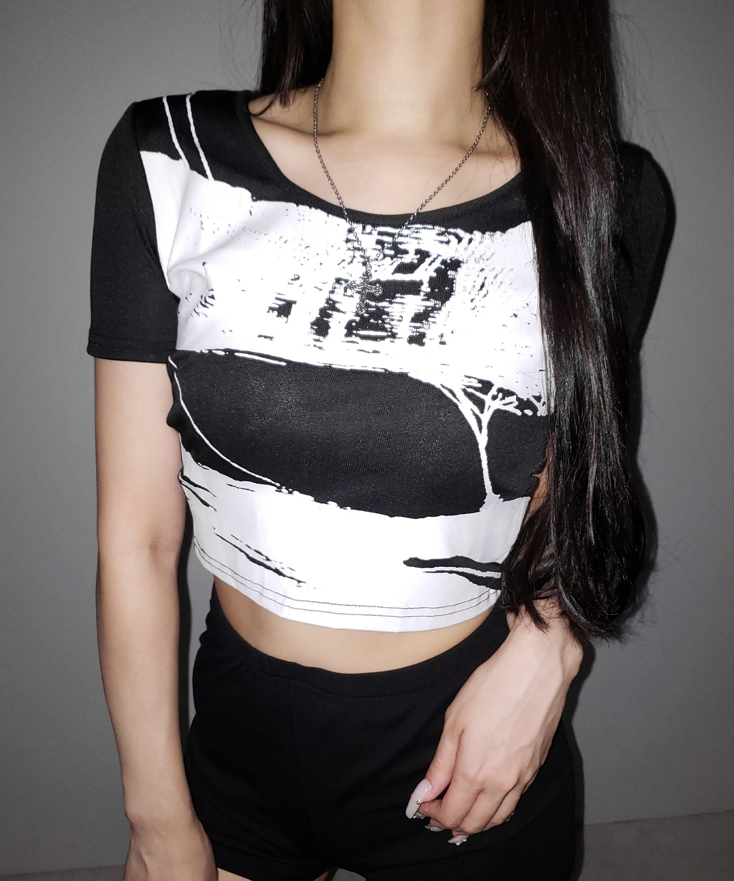 【 ２color 】ヴィンテージプリント半袖ショートリブＴシャツ ／ vintage print short sleeve short lib t-shirt