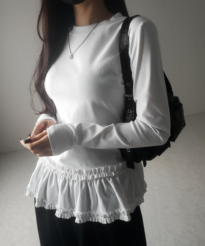 【 ３color 】裾フリルレイヤード長袖トップス ／ hem frill layered long sleeve tops