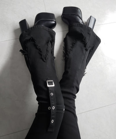 クロスデザインヴィンテージライクフリンジストレッチフレアデニム ／ cross design vintage-like fringe stretch flare denim