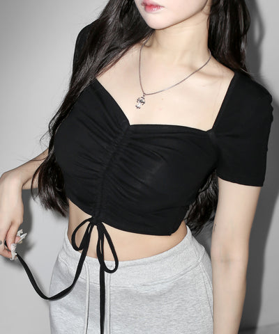 【クロスネックにできる2WAY 】フロントシャーリングリボン半袖ショートＴシャツ ／2WAY front shirring ribbon short sleeve short T-shirt