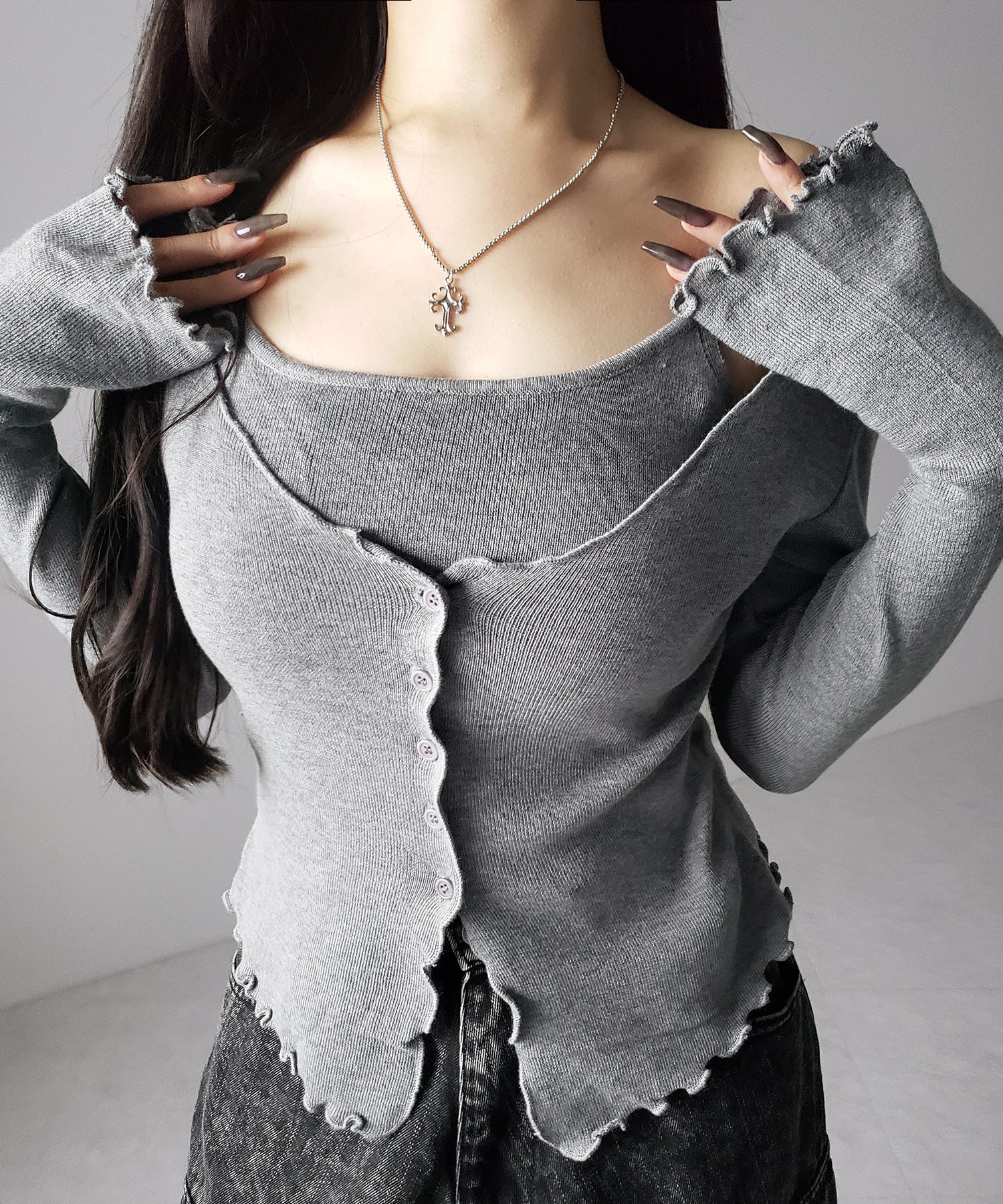 レイヤード風メロースリムニットカーディガン ／ layered mellow slim knit cardigan