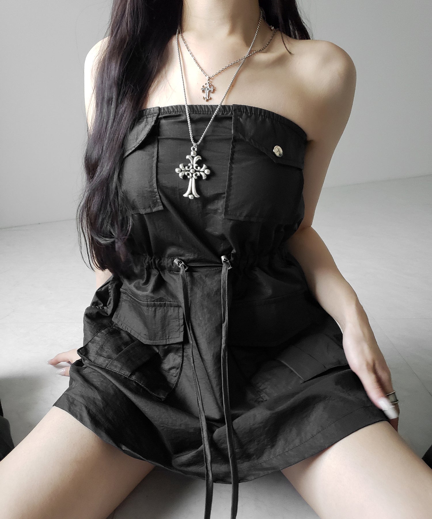 【 ２color 】アウトポケットナイロンカーゴミニワンピ ／out pocket nylon cargo mini onepiece