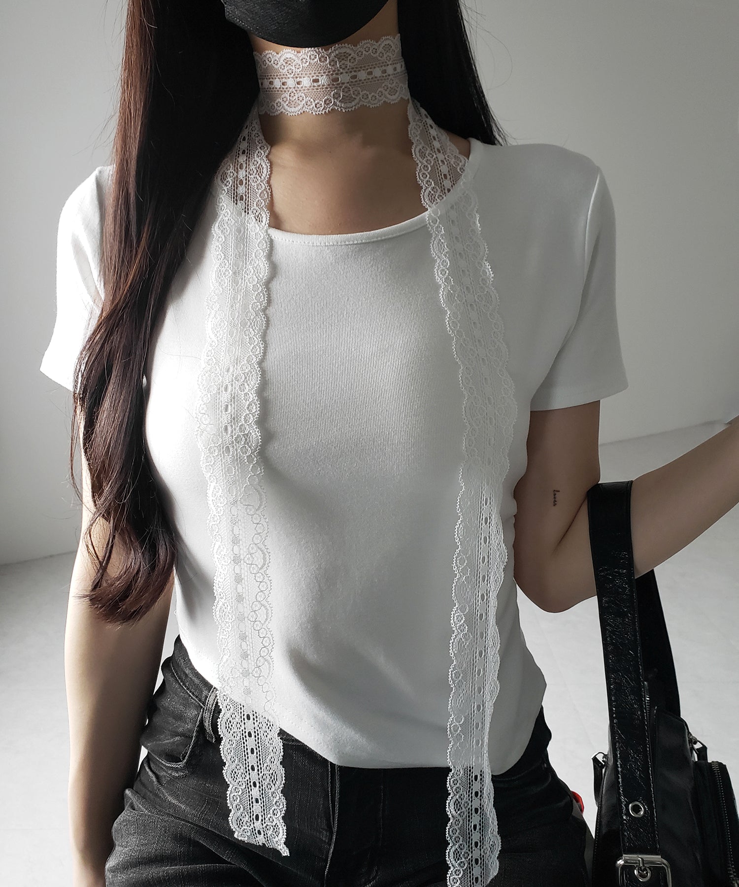 【 ３color 】レースチョーカーロングタイ付き半袖Ｔシャツ ／　lace choker long tie set short sleeve T-shirt