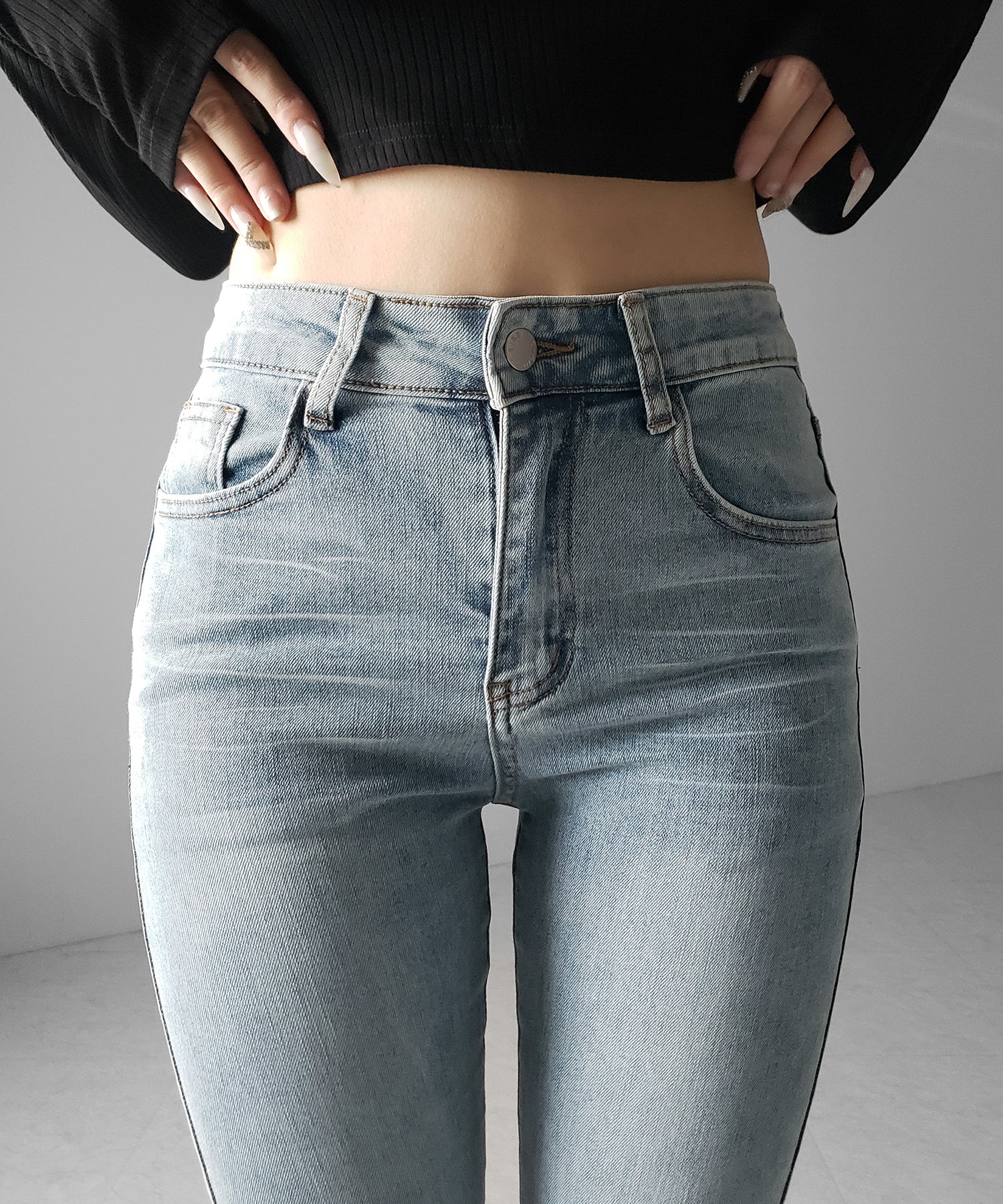 【４size 】バックリボンレースアップ美脚ストレッチフレアデニム ／ back ribbon lace up slim leg stretch flare denim