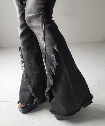 【 ２color ／ ４size 】フリンジデザインヴィンテージライクストレッチフレアデニム ／ fringe design vintage-like stretch flare denim