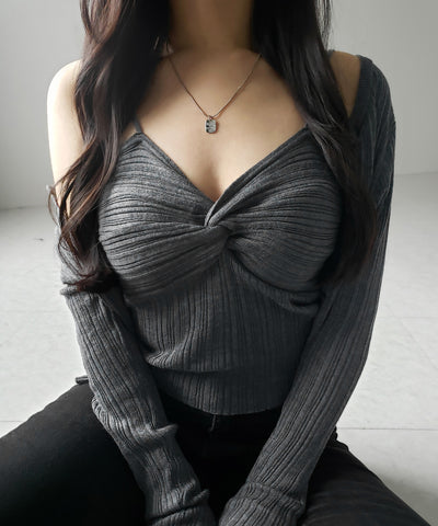 【 2点セット 】ツイストリブニットキャミソール ＋シアーリブショートカーディガン SET ／ twisted rib knit camisole + sheer rib short cardigan SET