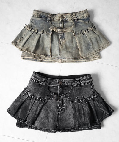 【 インパン裏地付 】ベルテッドマイクロプリーツデニムミニスカパン ／ belted micro pleats denim skirt pants