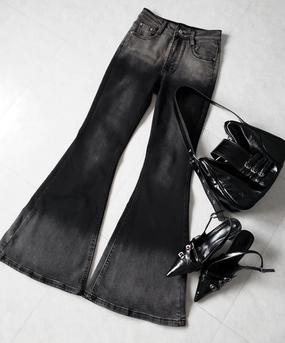 【４size 】ブリーチグラデーションストレッチブラックフレアデニム ／ bleach gradation stretch black flare denim